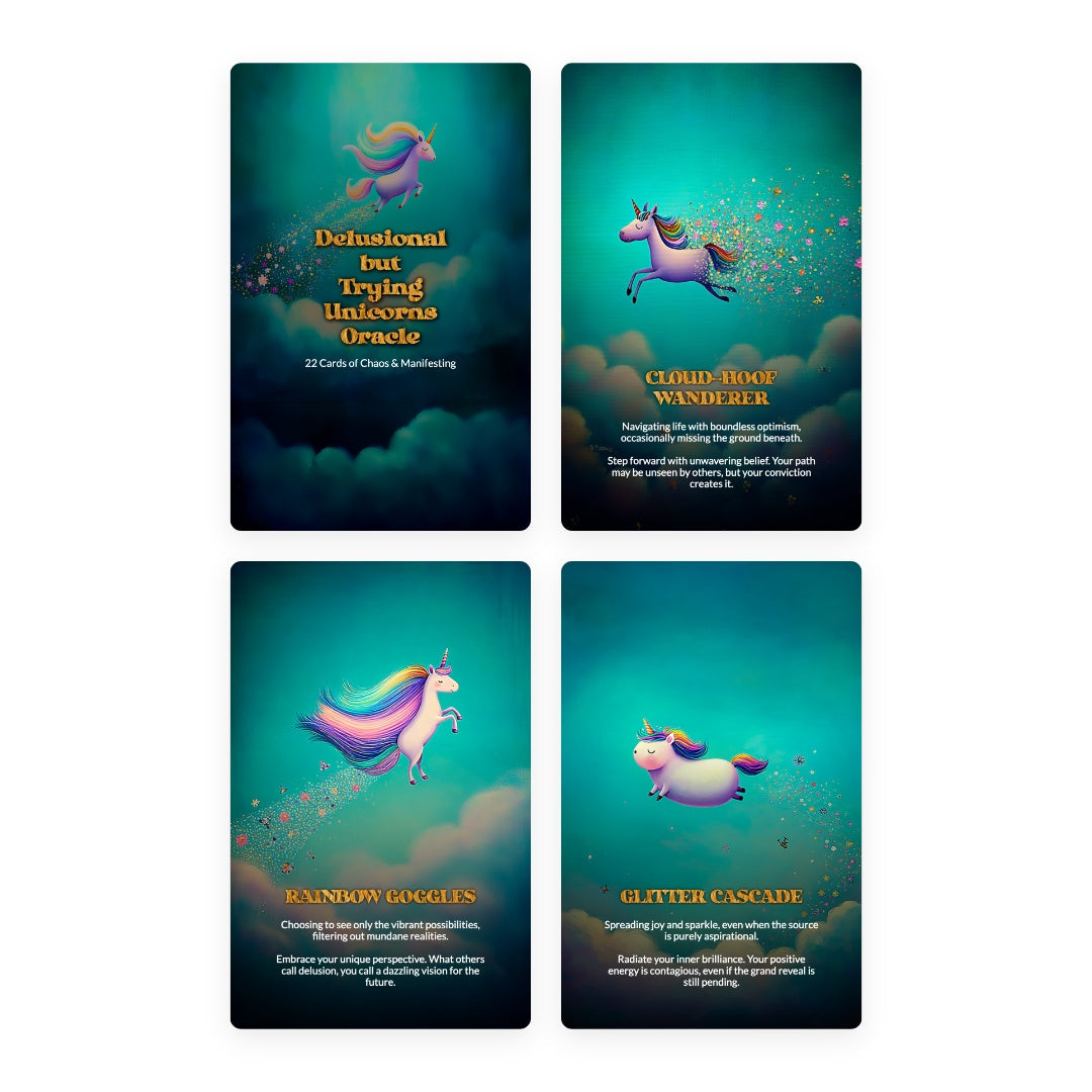Delusional but Trying Unicorns Oracle - 22 Cards of Hope, Denial & Manifesting Anyway
