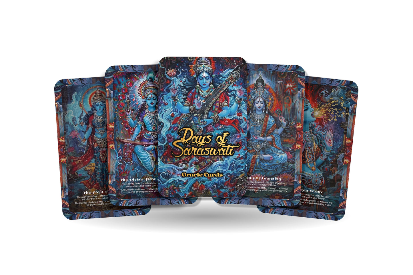 Rays of Saraswati Oracle: Tap into the divine feminine with this 22-card deck, inspiring creativity, wisdom, and spiritual growth.