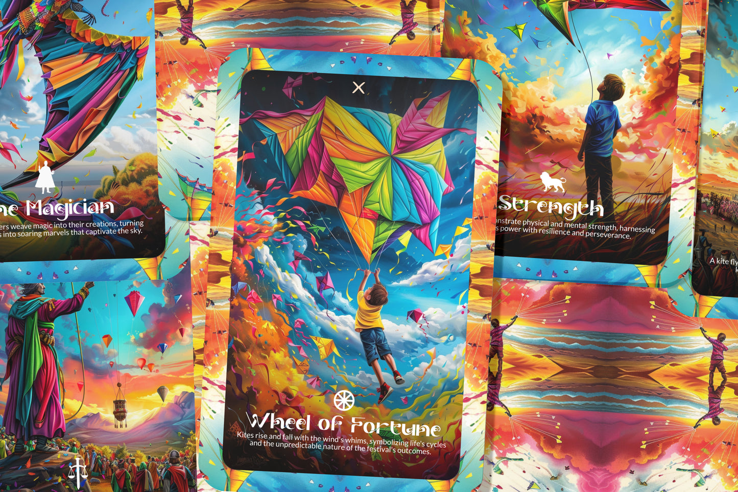 The Kite Festival Tarot - 22 Major Arcana - A unique spiritual journey - Soaring high with the vibrant colors and joy of kite festivals.