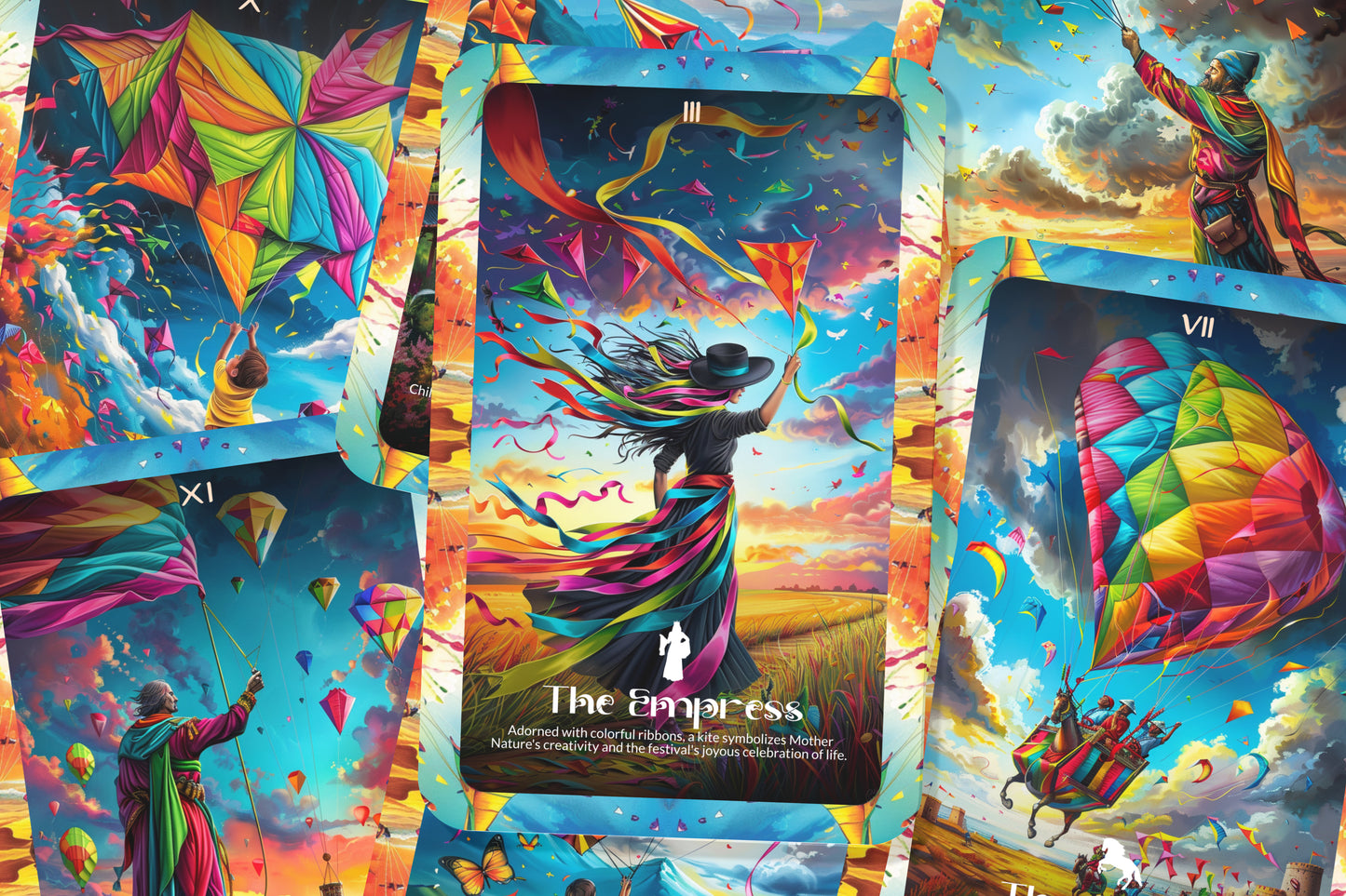 The Kite Festival Tarot - 22 Major Arcana - A unique spiritual journey - Soaring high with the vibrant colors and joy of kite festivals.