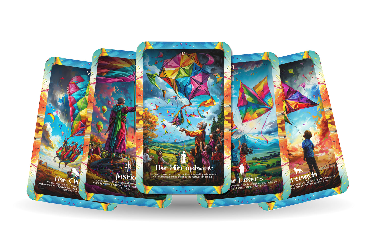 The Kite Festival Tarot - 22 Major Arcana - A unique spiritual journey - Soaring high with the vibrant colors and joy of kite festivals.