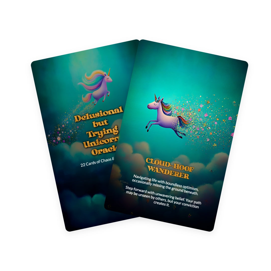 Delusional but Trying Unicorns Oracle - 22 Cards of Hope, Denial & Manifesting Anyway
