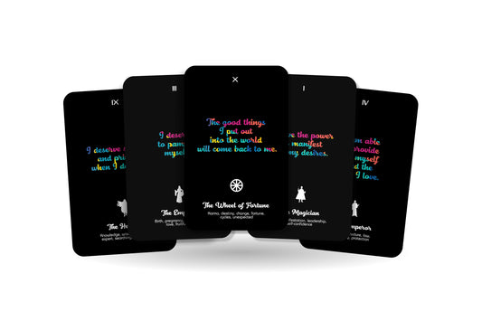 Completely Black Tarot Cards with Very Vibrant Affirmations - Major Arcana