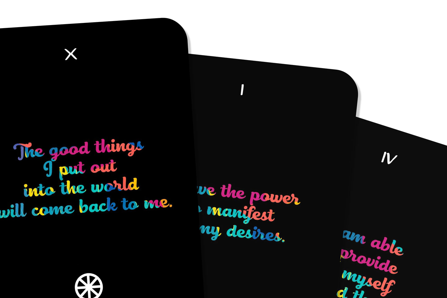 Completely Black Tarot Cards with Very Vibrant Affirmations - Major Arcana